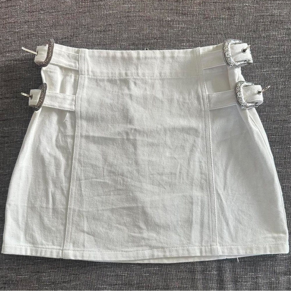 White Mini denim Skirt with Silver Buckles